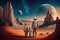 A family with a child dressed as astronauts hold hands standing on Mars, created with Generative AI technology