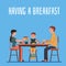 Family with child having a breakfast together at home flat vector illustration.