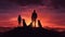 Family with children and dog silhouetted against a colorful sky