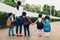 Family children kid son girl and boy kindergarten walking going to school