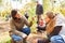 Family and children planting trees as forest reforestation