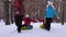 Family with children relaxing on Christmas holiday while riding snow sauser and laughing. Dad mom and daughters ride on