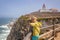 Family with children, siblings, visiting the most west point of Europe, Cabo Da Roca, during family vacation summertime