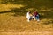 Family with children sitting on a grassy lawn