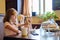 Family, children, two girls sisters eating at home