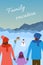 Family Christmas winter holidays and weekends. People close-up from a back on vacation in nature. Vector illustration of mountain