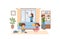 Family clean living room together, kids help parents with cleaning - flat vector illustration.