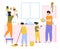 Family cleaning house. Family with kids do housework together, family washing and cleaning. Housekeeping domestic chores