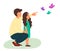 Family concept. Dad with daughter watching for a butterflies. Vector illustration on white background in cartoon style