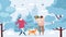 Family, couple with dog walks in winter park, carries groceries bag vector illustration.