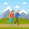 Family Couple Hiking on Nature, Cheerful Tourists in Outdoor Mountain Landscape, Summer Holidays Adventure Vector