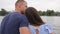 Family couple hugging on background sea, happy two people on yacht, rest on water, romantic couple on outdoors