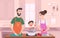 Family couple kitchen. Kids with parents preparing food and serving table at kitchen exact vector cartoon background