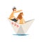 Family Couple in Orange White Striped T-Shirts Boating on River, Lake or Pond, Family Paper Boat Vector Illustration