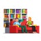 Family couple reading books sitting on couch