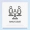 Family court thin line icon: parents on scales and child between them. Modern vector illustration of divorce