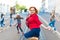 Family crossing the street - running