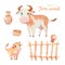 Family of cute pets: cow and calf. Wattle fence.Watercolor cartoon illustration