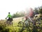 Family cycling outdoors