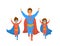 Family, dad and kids, cute boy and girl playing superheroes, running excited in super hero costumes front view fun humor fathers d