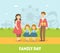 Family Day Banner Template, Cheerful Parents and Their Twin Daughters Walking in Park Outdoor, Happy Family Vector