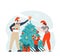Family decorate xmas tree celebrating christmas together vector illustration, festive card. New Year holiday preparation