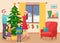 Family decorates Christmas tree in living room. Mother, father, daughter and son decorating Christmas tree, vector