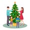 Family decorates Christmas tree. Mother, father, daughter and son decorating Christmas tree, vector illustration