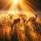 A family of deer grazing peacefully in a sun-dappled meadow