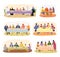 Family dinner, different nationality families sitting at dining table set of vector illustration. Muslim, chinese