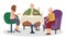 Family dinner at home vector illustration. Relatives drinking coffee and eating an ice cream