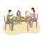 family dinner in kitchen at the big table. mother feed baby. Flat illustration