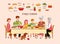 Family dinner with parents, grandparents and children eat vector illustration.
