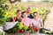 Family discusses the harvest of vegetables at the table of the village house