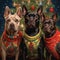 A family of Doberman dogs on Christmas tree background