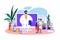 Family doctor online vector illustration, cartoon character advising, consulting tiny father and mother, using video app