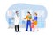Family doctor with patients in hospital office. Vector flat cartoon illustration. Medical consultation of pediatrician