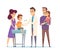 Family doctor. Pediatrician, vaccination vector illustration. Happy family and doctor characters. Kids immunization