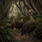 A family of dodo birds walking through a thicket of trees