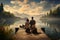 Family and dog are sitting on a wooden pier on a lake, AI generated