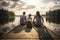 Family and dog are sitting on a wooden pier on a lake, AI generated