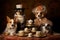 Family of dogs in royal outfits of the Victorian era. Funny dogs. Dogs as Humans concept. Picture of Dogs Aristocrats