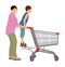 Family doing everyday grocery shopping with shopping basket at supermarket, vector isolated. Mother woman with son.