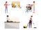 Family doing housework flat illustrations set. Man using vacuum cleaner, mom and son loading washing machine, woman