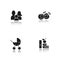 Family drop shadow black icons set. Baby carriage, children, apple and books. Isolated vector illustrations.