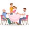 Family eating dinner home, happy people eat food together, son and dad treat grandfather sitting by dining table, sanior
