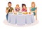 Family eating table. Happy people eat food dinner parents kids father mother daughter drink lunch talking illustration