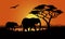 a family of elephants at sunset in Africa. Silhouettes. cartoon vector illustration