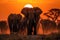 Family of elephants walking through the savana at sunset. Amazing African wildlife. Generative Ai