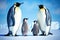 Family emperor penguin with small cubs against blue sky